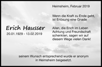 Traueranzeige von Erich Hausser von Leonberger Kreiszeitung / Strohgäu Extra