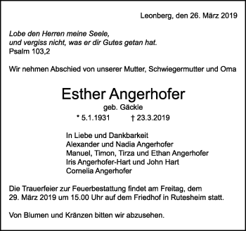 Traueranzeige von Esther Angerhofer von Leonberger Kreiszeitung / Strohgäu Extra