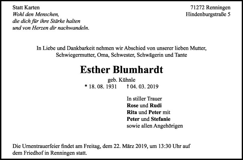  Traueranzeige für Esther Blumhardt vom 14.03.2019 aus Leonberger Kreiszeitung / Strohgäu Extra