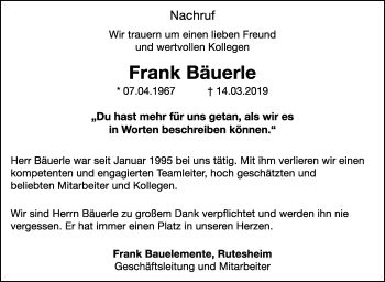 Traueranzeige von Frank Bäuerle von Leonberger Kreiszeitung / Strohgäu Extra