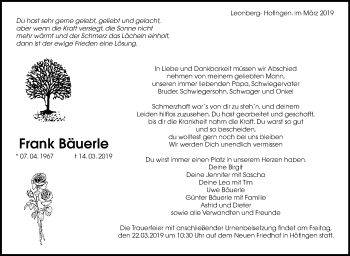 Traueranzeige von Frank Bäuerle von Leonberger Kreiszeitung / Strohgäu Extra