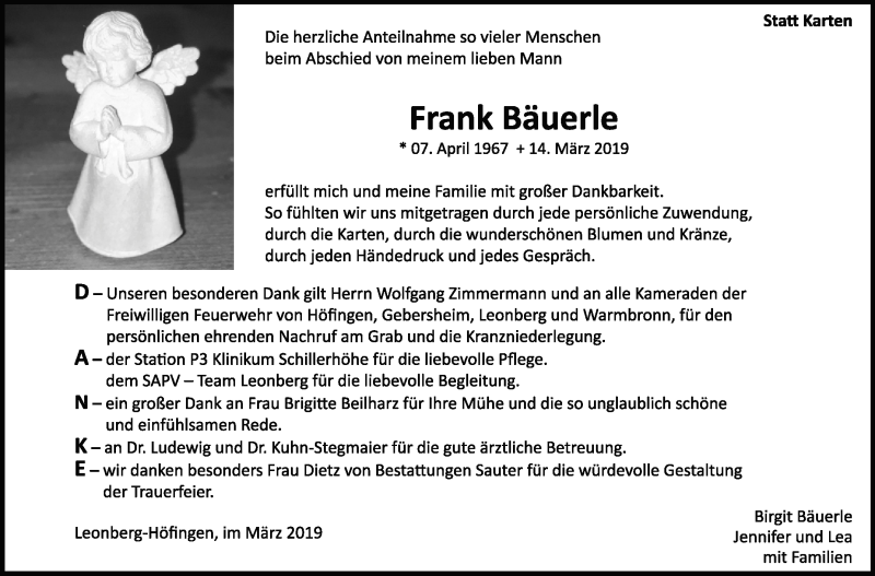  Traueranzeige für Frank Bäuerle vom 30.03.2019 aus Leonberger Kreiszeitung / Strohgäu Extra