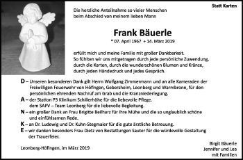 Traueranzeige von Frank Bäuerle von Leonberger Kreiszeitung / Strohgäu Extra