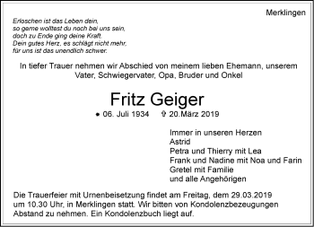 Traueranzeige von Fritz Geiger von Leonberger Kreiszeitung / Strohgäu Extra