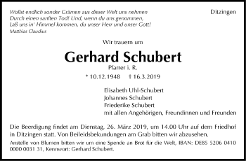 Traueranzeige von Gerhard Schubert von Leonberger Kreiszeitung / Strohgäu Extra