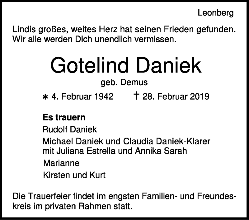  Traueranzeige für Gotelind Daniek vom 09.03.2019 aus Leonberger Kreiszeitung / Strohgäu Extra