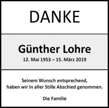 Traueranzeige von Günther Lohre von Leonberger Kreiszeitung / Strohgäu Extra
