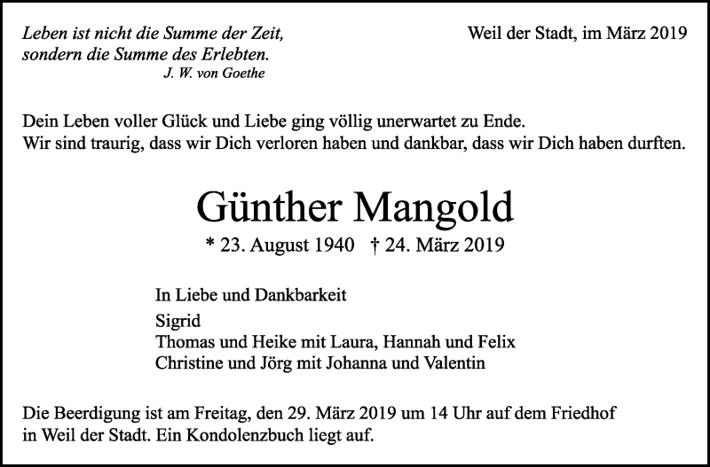  Traueranzeige für Günther Mangold vom 27.03.2019 aus Leonberger Kreiszeitung / Strohgäu Extra