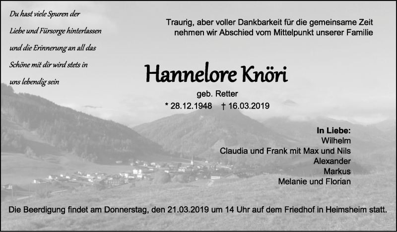  Traueranzeige für Hannelore Knöri vom 19.03.2019 aus Leonberger Kreiszeitung / Strohgäu Extra