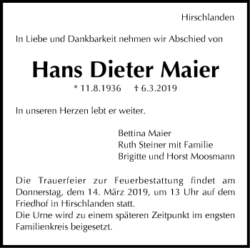 Traueranzeige von Hans Dieter Maier von Leonberger Kreiszeitung / Strohgäu Extra