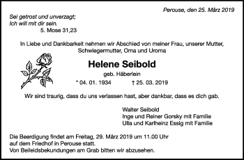 Traueranzeige von Helene Seibold von Leonberger Kreiszeitung / Strohgäu Extra