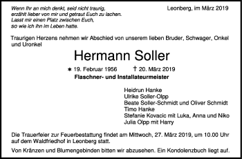 Traueranzeige von Hermann Soller von Leonberger Kreiszeitung / Strohgäu Extra