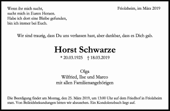 Traueranzeige von Horst Schwarze von Leonberger Kreiszeitung / Strohgäu Extra