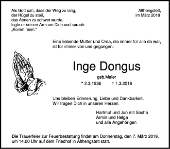 Traueranzeige von Inge Dongus von Leonberger Kreiszeitung / Strohgäu Extra