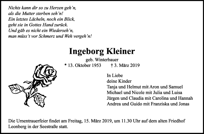 Traueranzeige für Ingeborg Kleiner vom 09.03.2019 aus Leonberger Kreiszeitung / Strohgäu Extra