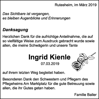 Traueranzeige von Ingrid Kienle von Leonberger Kreiszeitung / Strohgäu Extra