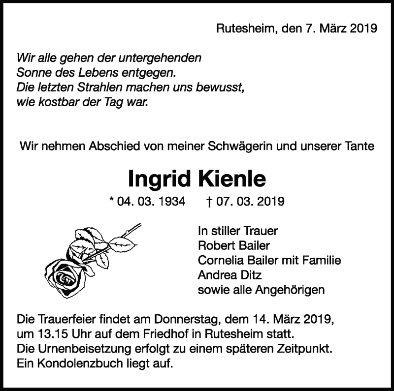  Traueranzeige für Ingrid Kienle vom 12.03.2019 aus Leonberger Kreiszeitung / Strohgäu Extra