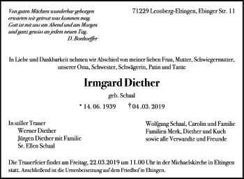 Traueranzeige von Irmgard Diether von Leonberger Kreiszeitung / Strohgäu Extra