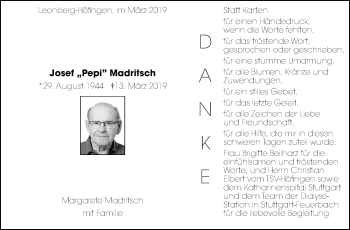 Traueranzeige von Josef Madritsch von Leonberger Kreiszeitung / Strohgäu Extra