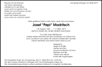 Traueranzeige von Josef Madritsch von Leonberger Kreiszeitung / Strohgäu Extra