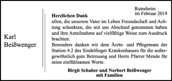 Traueranzeige von Karl Beißwenger von Leonberger Kreiszeitung / Strohgäu Extra