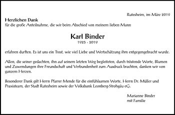 Traueranzeige von Karl Binder von Leonberger Kreiszeitung / Strohgäu Extra
