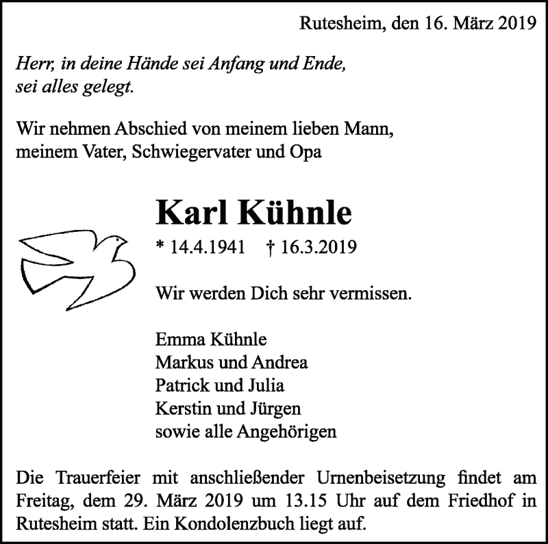 Traueranzeige für Karl Kühnle vom 25.03.2019 aus Leonberger Kreiszeitung / Strohgäu Extra