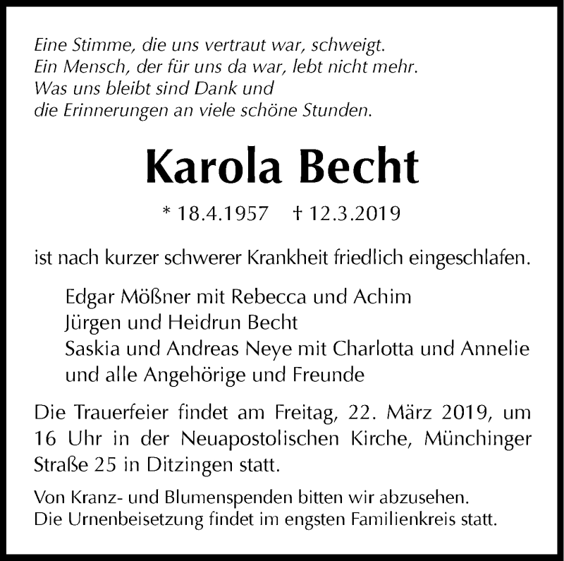  Traueranzeige für Karola Becht vom 19.03.2019 aus Leonberger Kreiszeitung / Strohgäu Extra