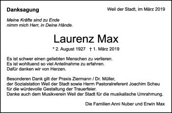 Traueranzeige von Laurenz Max von Leonberger Kreiszeitung / Strohgäu Extra