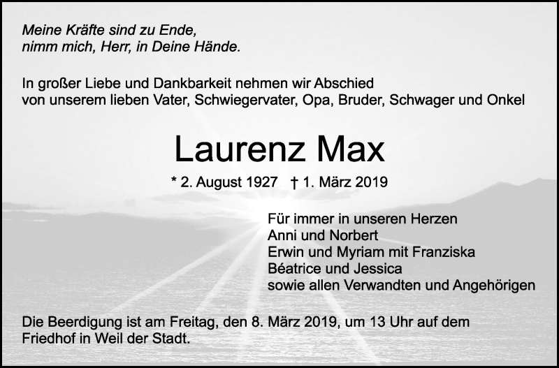  Traueranzeige für Laurenz Max vom 06.03.2019 aus Leonberger Kreiszeitung / Strohgäu Extra
