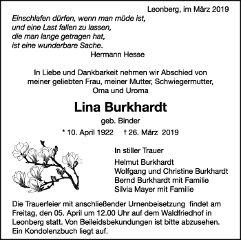 Traueranzeige von Lina Burkhardt von Leonberger Kreiszeitung / Strohgäu Extra