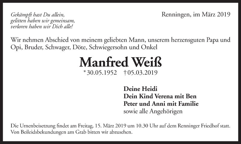  Traueranzeige für Manfred Weiß vom 12.03.2019 aus Leonberger Kreiszeitung / Strohgäu Extra