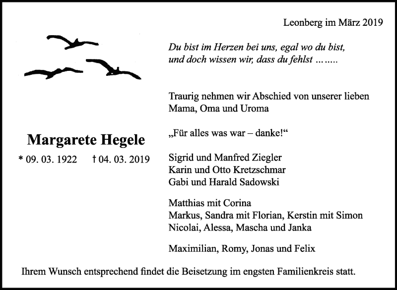  Traueranzeige für Margarete Hegele vom 09.03.2019 aus Leonberger Kreiszeitung / Strohgäu Extra