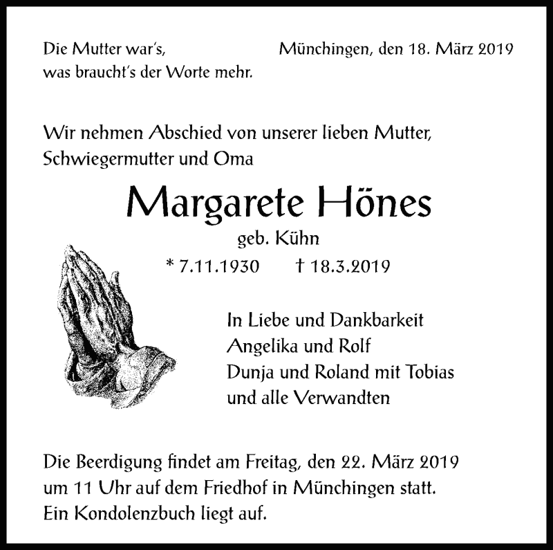  Traueranzeige für Margarete Hönes vom 20.03.2019 aus Leonberger Kreiszeitung / Strohgäu Extra