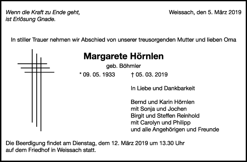  Traueranzeige für Margarete Hörnlen vom 09.03.2019 aus Leonberger Kreiszeitung / Strohgäu Extra