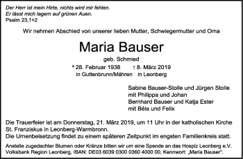 Traueranzeige von Maria Bauser von Leonberger Kreiszeitung / Strohgäu Extra