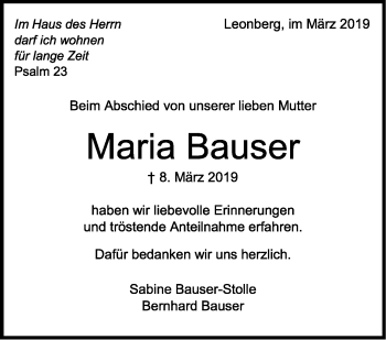 Traueranzeige von Maria Bauser von Leonberger Kreiszeitung / Strohgäu Extra
