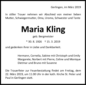 Traueranzeige von Maria Kling von Leonberger Kreiszeitung / Strohgäu Extra