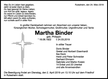Traueranzeige von Martha Binder von Leonberger Kreiszeitung / Strohgäu Extra