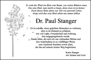 Traueranzeige von Paul Stanger von Leonberger Kreiszeitung / Strohgäu Extra