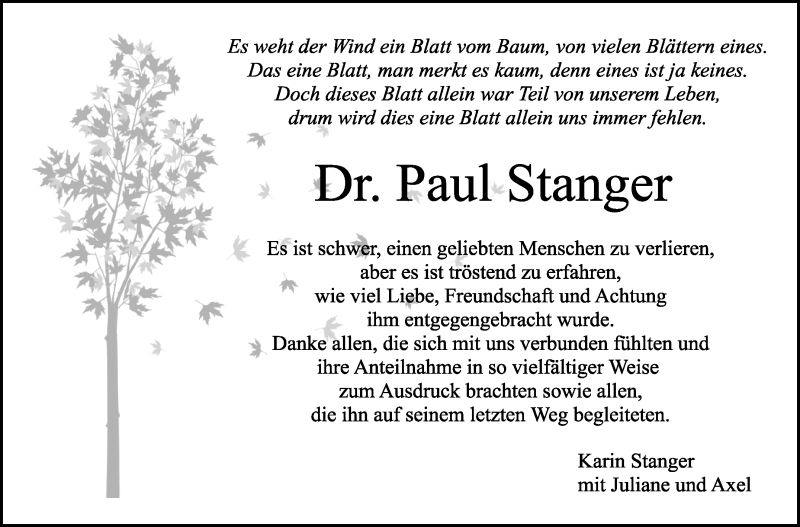  Traueranzeige für Paul Stanger vom 20.03.2019 aus Leonberger Kreiszeitung / Strohgäu Extra