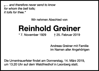 Traueranzeige von Reinhold Greiner von Leonberger Kreiszeitung / Strohgäu Extra