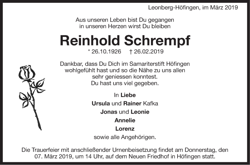  Traueranzeige für Reinhold Schrempf vom 02.03.2019 aus Leonberger Kreiszeitung / Strohgäu Extra