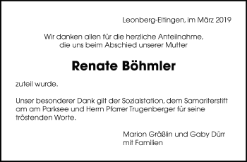 Traueranzeige von Renate Böhmler von Leonberger Kreiszeitung / Strohgäu Extra