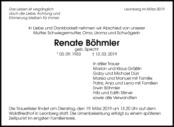 Traueranzeige von Renate Böhmler von Leonberger Kreiszeitung / Strohgäu Extra