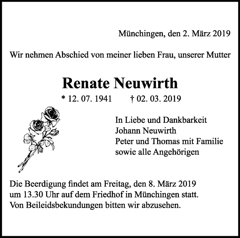  Traueranzeige für Renate Neuwirth vom 07.03.2019 aus Leonberger Kreiszeitung / Strohgäu Extra