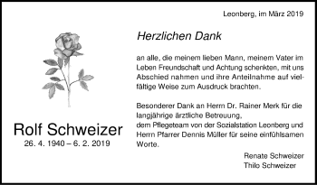 Traueranzeige von Rolf Schweizer von Leonberger Kreiszeitung / Strohgäu Extra