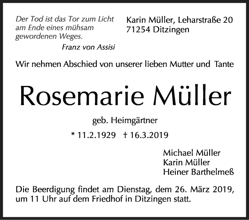  Traueranzeige für Rosemarie Müller vom 23.03.2019 aus Leonberger Kreiszeitung / Strohgäu Extra