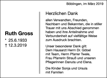 Traueranzeige von Ruth Gross von Leonberger Kreiszeitung / Strohgäu Extra