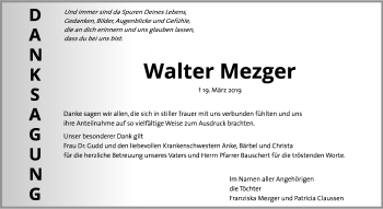 Traueranzeige von Walter Mezger von Leonberger Kreiszeitung / Strohgäu Extra